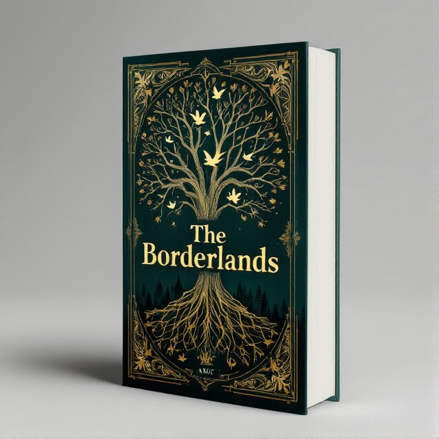 A dark, rich green background with a symmetrical illustration of a large, ancient tree in the center, surrounded by subtle gold-etched patterns. Birds in mid-flight are intricately woven into the tree branches. The forest background is hinted at with shadowy silhouettes to maintain a mystic ambiance.