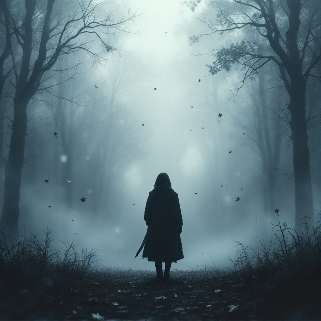 A solitary figure stands at the edge of a misty forest clearing, their silhouette softly blurred, symbolizing fading memories. The background is a wash of muted grays and blues, echoing melancholy. Ethereal, ghostly shapes hover in the fog, representing lingering emotions and memories, with a few scattered leaves falling, capturing the essence of moving on.