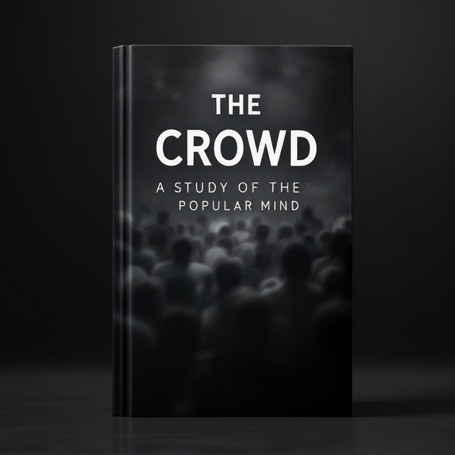 Dark gray and black background envelops the cover, creating a shadowy atmosphere. In the forefront, blurred silhouettes of a crowd emerge, their forms vague and indistinct, representing anonymity and the unpredictable nature of collective behavior. The figures merge and blend, almost losing individuality, yet creating a powerful unified mass.