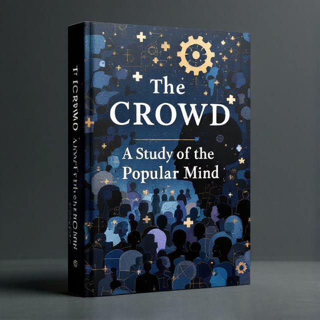 standing book mockup, Its title is "The Crowd: A Study of the Popular Mind".  A dense collage of human silhouettes, interwoven with geometric patterns and abstract thought symbols like gears and puzzle pieces. In the foreground, disconnected faces subtly blend and fade into the background, which features a faint, oversized brain symbol. The deep blues and purples form a rich, moody backdrop, enhanced by subtle gold and white highlights that accentuate key elements. A serif font with an intellectual presence, balanced with a modern sans-serif for the subtitles, both in white to stand against the deep hues of the background., The title takes up the upper third of the cover, centered, with the collage artwork filling the middle and lower sections, allowing overlapping layers of crowd and thought imagery to guide the eye. The subtitle sits just below the title in smaller text, maintaining alignment with the title. The area where the author's name typically appears should be left completely blank, with no text or placeholder.