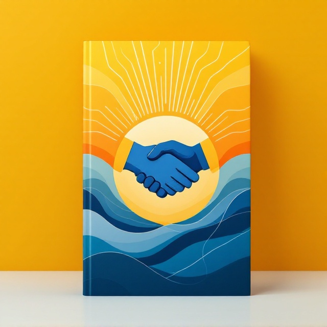 A harmonious blend of a stylized handshake motif centered in the design, surrounded by wavy lines that radiate outwards. The background transitions smoothly from warm yellow to orange and culminates in blue and white accents that suggest connectivity and trust. The handshake is artistically rendered to appear inviting and conveys a sense of cooperation and positivity.