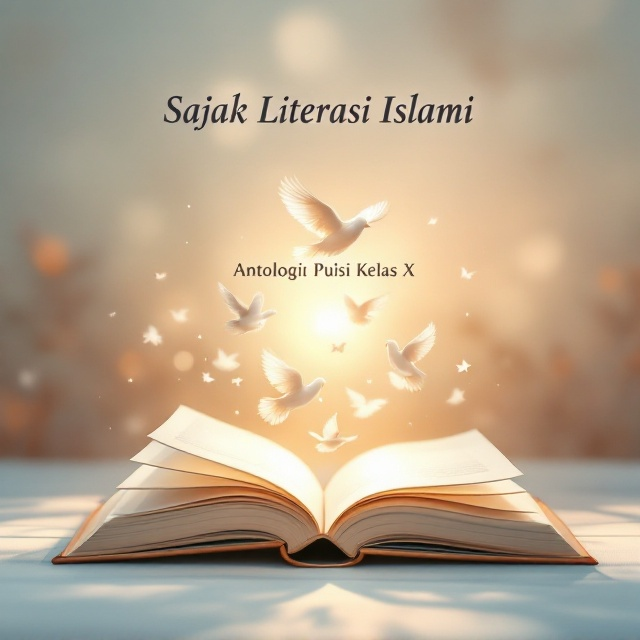 A soothing, pastel-colored background with subtle abstract patterns, depicting a serene landscape at dawn. In the foreground, a delicate, open book with pages turning into doves, symbolizing the liberation and enlightenment of Islamic literary exploration. Soft light glows from the background, casting gentle shadows that add depth and intrigue.