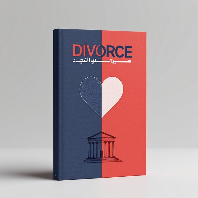 standing book mockup, Its title is "طلاق نگرفتن هنر می خواهد".  The cover features a minimalistic split design, with the left half in a deep blue and the right half in a vibrant red. In the center, a stylized heart is subtly divided, one half in blue and the other in red, indicating conflict and unity. Below the heart, there is a sketch-like image of a court building in a slightly lighter shade, connecting both halves of the design. The background is plain, reinforcing the simplicity and allowing the central elements to stand out. The book title is displayed in a modern, sans-serif font that balances elegance and futuristic elements to reflect the science fiction genre. The color of the font alternates between blue and red, depending on which side of the cover it is on., The layout is vertically arranged, with the heart and court image centrally placed, the title above in large, bold text, emphasizing the concept of "divorce" (طلاق نگرفتن). There is symmetry around the center axis, creating a harmonized visual flow from top to bottom. The area where the author's name typically appears should be left completely blank, with no text or placeholder.