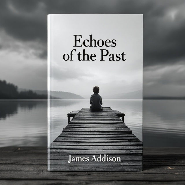 A solitary child sits at the end of a weathered wooden fishing dock, gazing into reflective, slightly rippled water beneath a vast, somber sky. The scene captures the essence of melancholy and loneliness, with subtle whispers of past echoes apparent in the water's reflection. The muted palette of whites and greys dominates the scene, with the child's silhouette highlighted subtly, contrasting with the grayscale background.