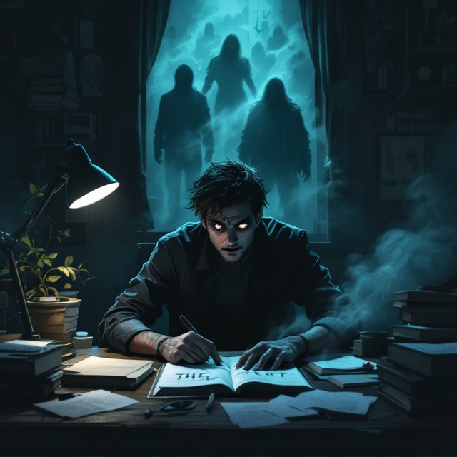 The cover presents Ethan Heartly seated at a cluttered wooden desk, immersed in his study room's shadowy ambiance. His eyes are wide open with terror, illuminated by the pale light of a lone desk lamp casting long, eerie shadows. Scattered pages and an ominous-looking book titled "Draft" lie on the desk. The room is filled with dark, misty silhouettes of his novel characters taking form, their indistinct shapes receding into the cyan-hued mist that swirls around the room, accentuating the psychological horror theme with an anime-style twist.