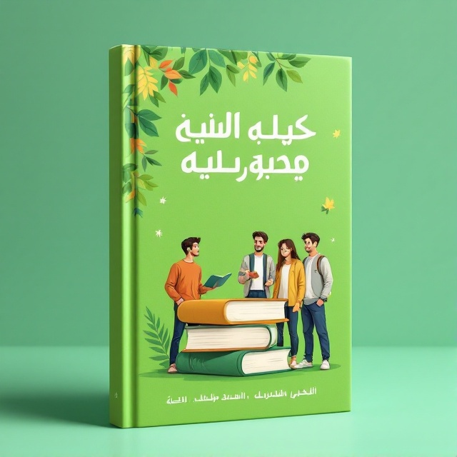 A bright green cover with illustrated leaves scattered across the top and bottom. In the center, three illustrated books are stacked, and a group of three illustrated male students stand beside them, all smiling and interacting.