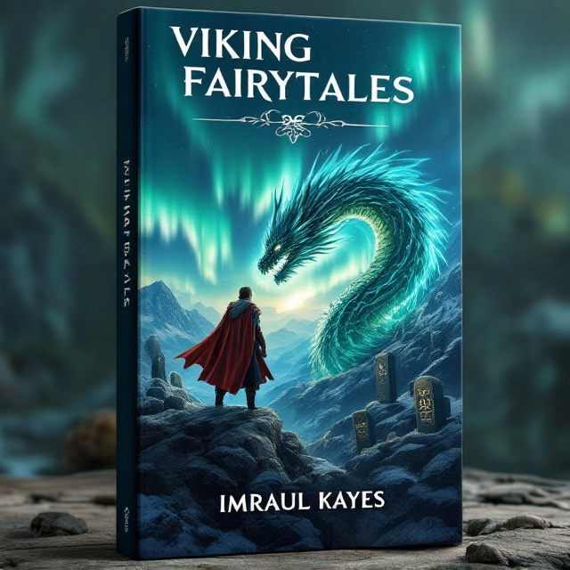 A dramatic scene where a young Viking warrior stands atop a rocky cliff, his cape billowing in the wind as he faces a majestic dragon. The dragon's scales shimmer in various shades of blue and green, reflecting the northern lights dancing across the sky. Around them are runestones inscribed with ancient Nordic symbols and snow-capped mountains in the distance.