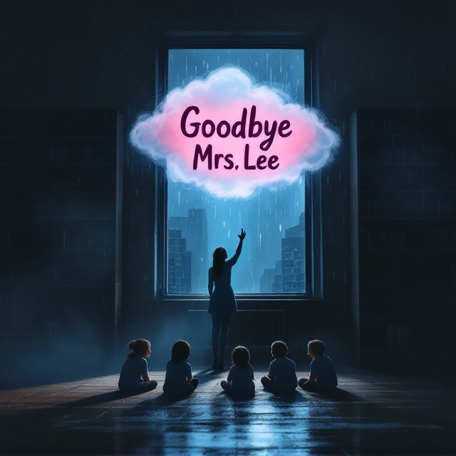 The cover presents a dimly lit, desolate library interior with empty shelves casting elongated shadows. In the foreground, children are seated on the floor, visibly crying. A tall figure, presumably the teacher, stands at the center, equally woebegone. The windowpane shows streaks of rain. In the upper section of the cover, Mrs. Lee, gently smiling yet sorrowful, is depicted waving from a translucent, pink-tinted cloud. This cloud partially wraps around the book title, creating a dreamy yet poignant effect.