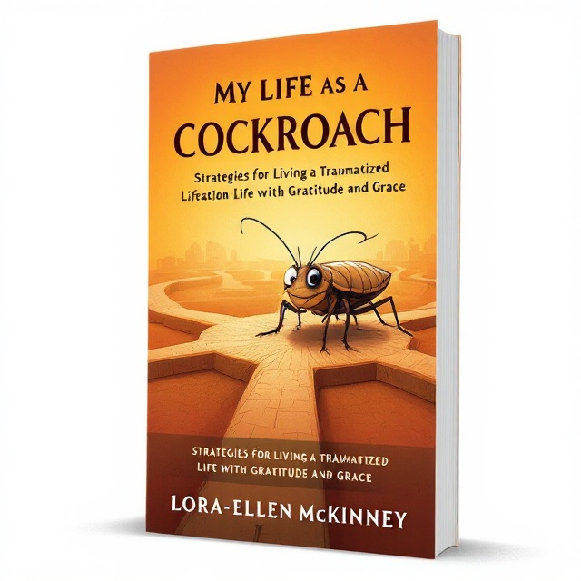 A large, cartoon-style cockroach is positioned at the center apex of a network of crossroads, each path extending outward like the spokes of a wheel. The cockroach shows a complex expression, suggesting both resilience and reflection. The background is a gradient of orange hues to evoke mixed emotions of hope and endurance. The roads are subtly textured and shaded to add depth.