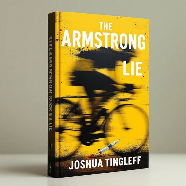 The cover features a close-up of a bicycle wheel in motion, with spokes blurred to indicate speed. A subtle, shadowy figure of a cyclist is overlayed, suggesting movement while maintaining an air of mystery. Yellow dominates the background, with faint, abstract splashes of red and black symbolizing deception and danger. Below, a hint of a syringe can be seen partially hidden among the spokes, representing doping.