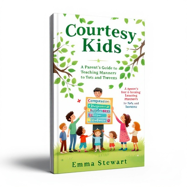 The cover features a warm, inviting illustration of children of various ages, including toddlers, school-age kids, and preteens, gathered in a playful outdoor setting, forming a circle around a parent who holds a large colorful list of family values. The list includes words like "Compassion," "Helpfulness," "Listening," and "Kindness" prominently displayed. A green, leafy tree provides a natural backdrop, with some of its leaves artfully blending into the book title area, symbolizing growth and nurturing.