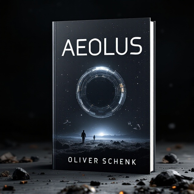 The cover features a striking image of the space station Aeolus prominently in the midground, seen looming over a dark, debris-covered space landscape. Twinkling stars and faint silhouettes of distant space stations are scattered across the background, emphasizing the vastness and coldness of space. The foreground depicts fragments of wreckage, suggesting a recent battle or catastrophe. A subtle glow emanates from Aeolus, hinting at its importance and mystery.