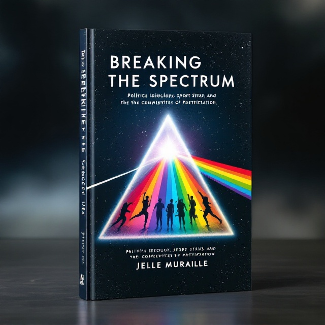 A dark, cosmic background representing an abstract concept of the universe. At the center, a detailed illustration of a triangular prism, resembling the iconic Pink Floyd design, splits a vibrant beam of white light into a spectrum of colors. Each colored beam showcases silhouettes of individuals engaged in various sports activities, flowing outward in a dynamic, energetic style. The prism is subtly etched with political symbols to denote the concept of political ideology interacting with individuals.