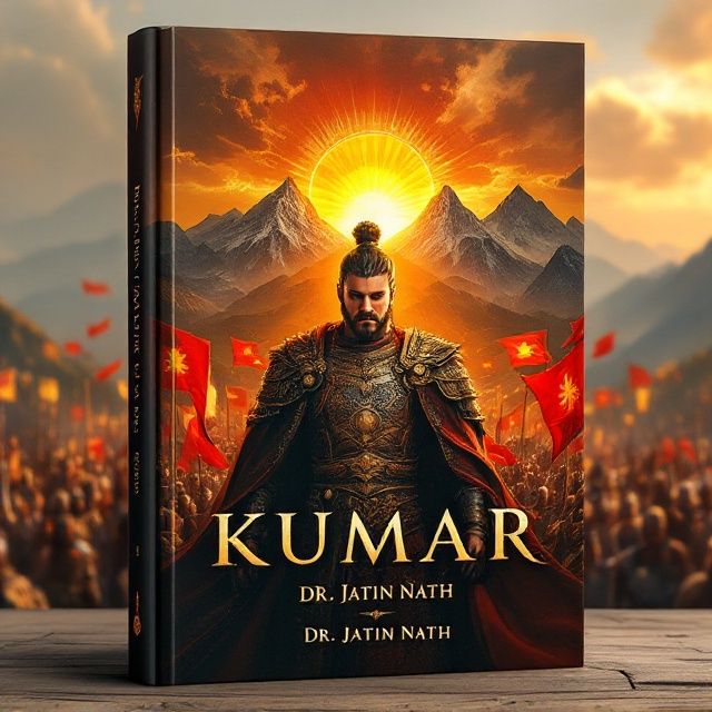 A powerful and serene emperor stands in the foreground, wearing regal armor with intricate designs, exuding both strength and compassion. Behind him rises a majestic mountain range, with the sun breaking dawn at the center, casting a golden hue across the scene. His army, depicted in fine detail, stretches out beneath the mountains, their flags flying high. The flag is designed with a vivid red and gold emblem that symbolizes victory and unity.