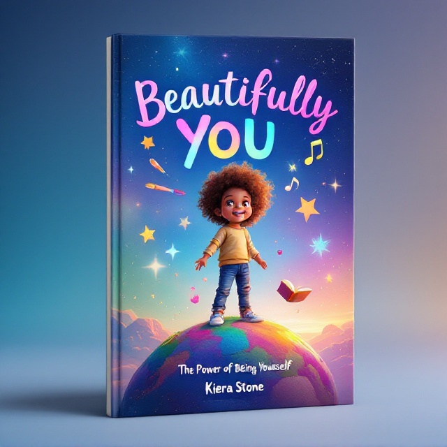 The cover features a joyful child with curly hair, standing firmly on a small, colorful planet that seems to be floating in space. Surrounding the child are glowing stars and symbols like a vibrant paintbrush, an open book, and a sparkling musical note, symbolizing creativity and uniqueness. The scene is enveloped in a gradient sky blending twilight blues and captivating pinks with bursts of yellow to enhance a magical feel.
