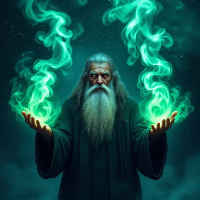 A mystical scene featuring a wise, ancient wizard with a long flowing beard, standing in the center of the cover. His hands are raised in a conjuring gesture, from which vibrant green smoke swirls elegantly and expansively, casting an enchanting glow. The background is a deep, starry night sky, punctuated with ethereal, translucent clouds to enhance the sense of magic and mystery. The smoke forms subtle, arcane symbols that hint at secrets of the universe. The tone is both awe-inspiring and otherworldly.