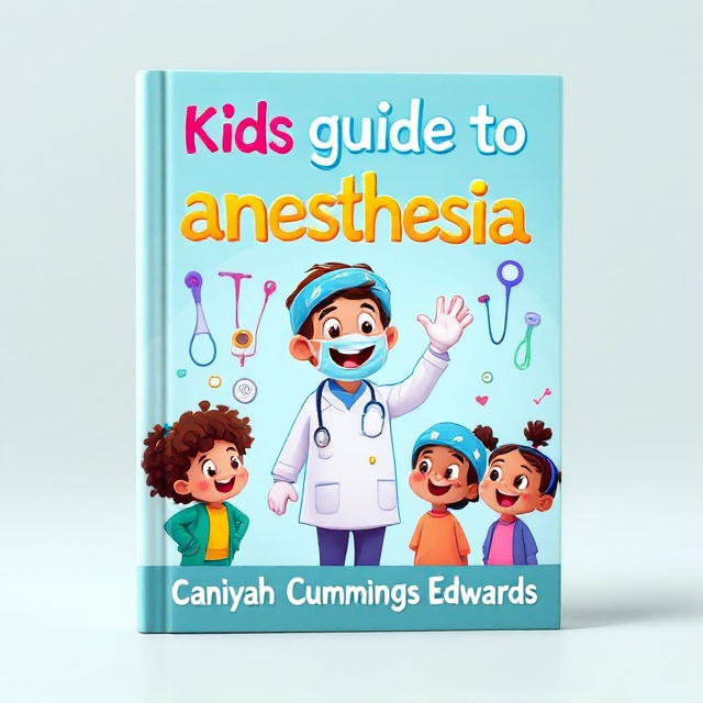 A playful scene with a friendly cartoon anesthesiologist waving amidst colorful surgical instruments and happy, curious cartoon kids observing from a safe distance. Bright primary colors create an inviting contrast, while gentle curves and soft edges convey an approachable atmosphere.