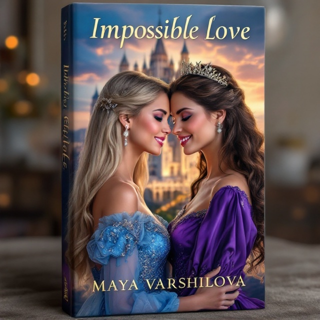The cover features a fairytale-like scene with two royal women as central figures, both radiating happiness and love. The woman with blonde straight hair and blue eyes, wearing a shimmering blue dress, stands gracefully on the left. On the right, the woman with brown wavy hair crowned with an elegant tiara, adorns a rich purple dress. Behind them stands a majestic castle, indicating a royal setting. The sky is painted with warm hues of twilight, enhancing the romantic atmosphere.