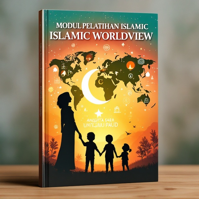 A vibrant and uplifting scene featuring a silhouette of a teacher holding hands with curious early childhood students looking up at a vast world map. There's an overlay of various symbols and icons representing different worldviews, with a focus on a large crescent moon and star in the center representing the Islamic worldview. The background has a gradient of orange, red, and green, symbolizing joy and spiritual growth. The sky is filled with subtle twinkling stars, evoking a sense of freedom under Allah’s guidance.