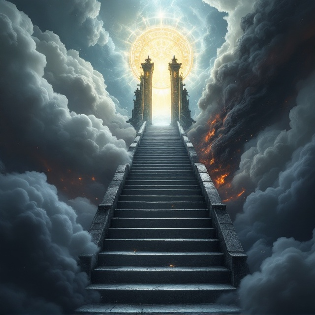 A central ascending staircase stretches from the bottom of the cover to the top, surrounded by swirling, dramatic clouds in multiple shades of gray, blue, and fiery red. On the right, a radiant and ornate golden gateway adorned with celestial symbols suggests a way to heaven, emanating a gentle glow. On the left, a darker, more sinister gateway draped in shadow and flame leads to hell, its structure twisted and menacing. Both gateways emit an ethereal light, contrasting with the murky clouds and setting the emotional tone of fear and uncertainty.