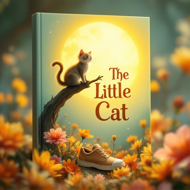 A whimsical scene featuring a small, adventurous cat perched playfully atop a tree. The tree branches gracefully arch toward the edges of the cover. Below, a single shoe is whimsically placed among vibrant, oversized flowers. In the background, a large, warm sun bathes the scene in a golden glow, casting soft shadows. The entire composition is bathed in a dreamy, magical ambiance that resonates with the fantasy theme.
