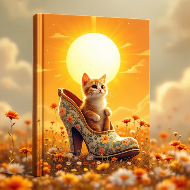 The cover features a whimsical illustration of a playful cat sitting inside a large, ornate shoe. The shoe is intricately detailed with floral patterns, with a bright, smiling sun in the background casting warm orange rays over a field of blooming flowers. The scene evokes a sense of fantastical joy and wonder, with the cat appearing content and mischievous amidst this magical setting.