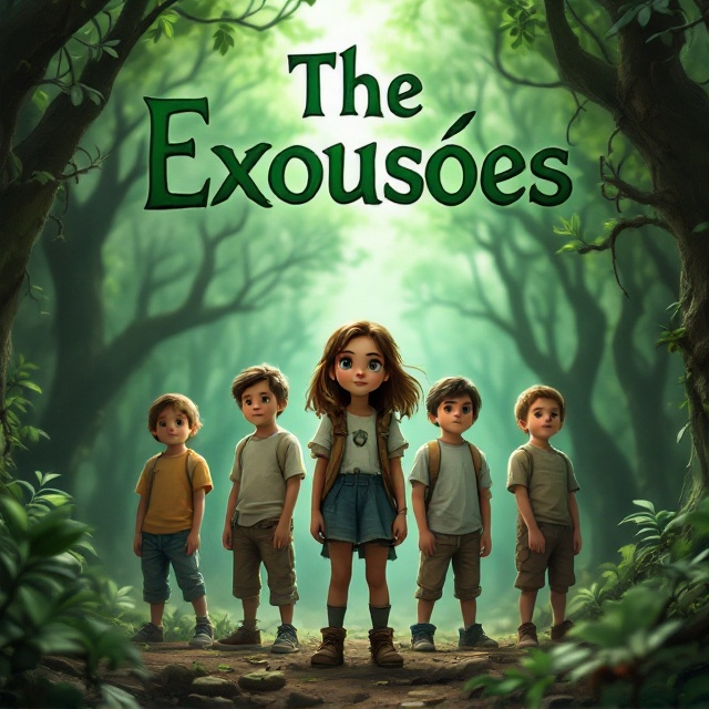 Six adventurous kids stand dynamically at the center, with an enchanted lush forest scene in the background. Among them, the girl with brown hair stands slightly forward, suggesting leadership. The identical twins are positioned symmetrically on either side of her, adding balance, while the remaining two boys are engaged in a playful but suspenseful pose. The backdrop features swirling, misty green hues suggesting magical elements intertwined with the trees.