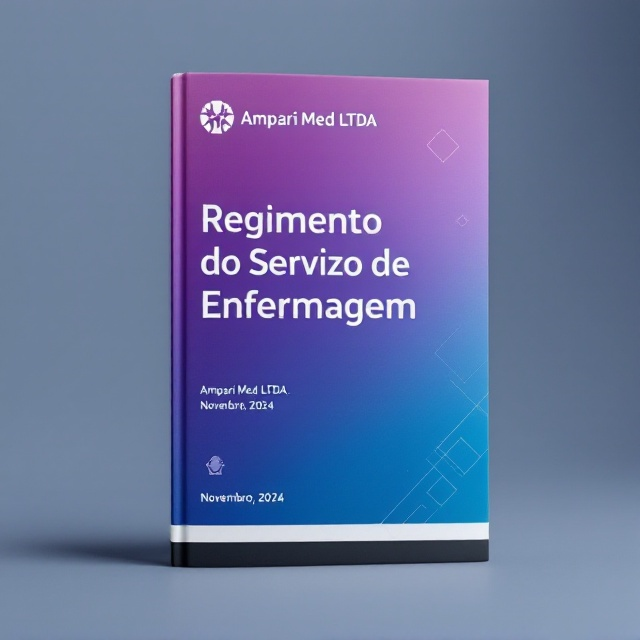 A professional cover design incorporating a smooth gradient background transitioning from deep purple to vibrant blue, occupying the full cover, symbolizing professionalism and trust. The institution's logo of Ampari Med LTDA is prominently positioned at the top center, balancing the overall design. The title, "Regimento do Serviço de Enfermagem," is centered and placed prominently in white to ensure high contrast and readability. Below the title, in smaller font size, is the subtitle containing "Ampari Med LTDA." and "Novembro, 2024", ensuring a structured hierarchy. Subtle geometric patterns in neutral and white are used to enhance formality and visual intrigue without overwhelming the main text. The bottom of the cover is bordered with a narrow black stripe for grounding the design.