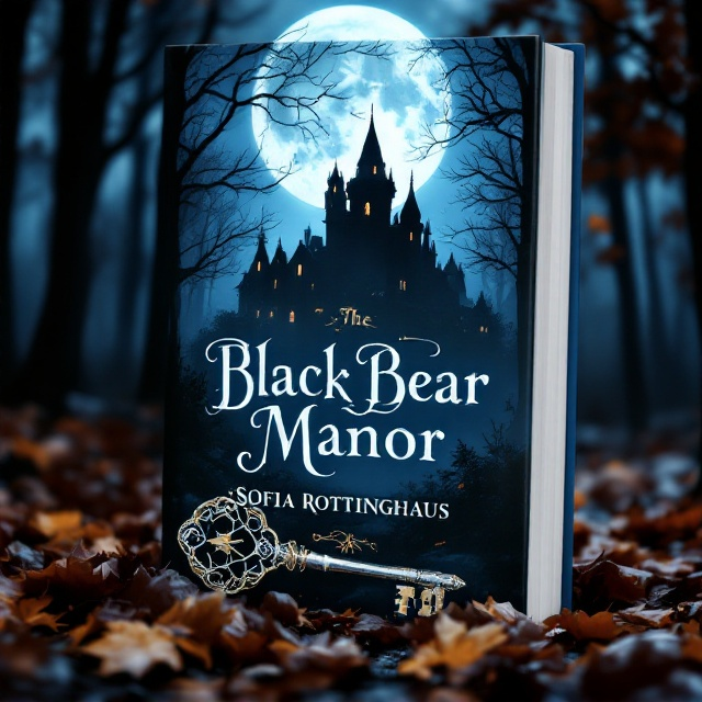 The cover features a mysterious, shadowy silhouette of Black Bear Manor set against a moonlit night. The silhouette is slightly hidden behind a layer of swirling mist and tall, skeletal trees. In the foreground, a depiction of an elaborate key lies half-buried in autumn leaves, signifying the secrets within the manor. Hints of blues and deep purples dominate the cover, enhancing the sense of mystery and fantasy.