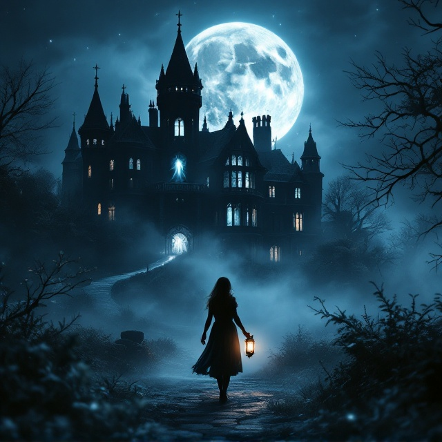 standing book mockup, Its title is "Black Bear Manor". Its author name is Sofia Rottinghaus.  A dark, shadowy silhouette of a grand manor looms in the background, partially obscured by a dense, magical mist that swirls around the base. A hint of a spectral figure can be seen through one of the windows, adding a sense of mystery. In the foreground, silhouetted by a full moon, stands a young woman holding a flickering lantern. The overall color is a deep, enigmatic blue with silver accents highlighting key elements, giving it an ethereal glow. A serif font with intricate detailing, reminiscent of classic fairy tales, is used for the book title "Black Bear Manor" to evoke a sense of timelessness and intrigue. The author's name, Sofia Rottinghaus, appears in a slim, sans-serif font to contrast the title and add modernity., The title is centered at the top in large letters, semi-transparent, so it blends subtly with the mist and architecture. The main visual is centralized with the woman at the lower third, drawing the eye. The author's name is placed at the bottom, aligned right, providing balance to the composition.