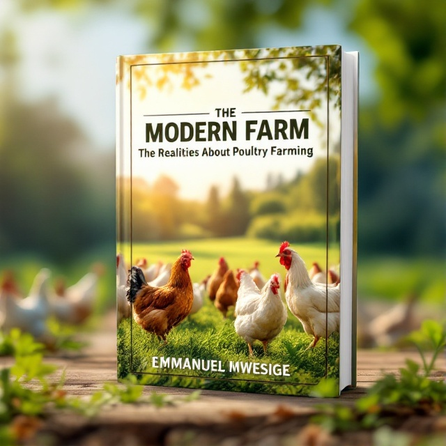 A serene pastoral scene with healthy chickens roaming freely in lush, green pastures. Bold, modern lines accentuate the edges of the cover, highlighting the natural setting with a sunlight radiance cast over the farm, adding a warm and inviting glow.