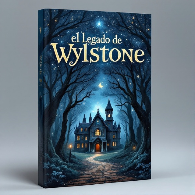 An ancient, almost mystical school nestled deep within an enchanted forest forms the central element. Dense trees with bluish hues surround the school, their tops fading into a darker night sky with twinkling stars. Wisps of mist drift through the forest, adding a sense of mystery and otherworldliness.