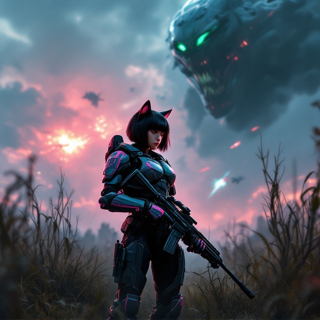 A dynamic scene with a young Spartan woman as the focal point, standing confidently with a sniper rifle in her hands. Her black bob hair and cat ears are highlighted distinctly. The Mjolnir Mark armor IV is primarily black with striking pastel pink accents. She stands against the backdrop of a dark, foreboding swamp. In the sky above, a chaotic interstellar battle unfolds between Spartan forces and Sangheili Covenant aliens, creating an intense atmosphere conveying fears and rage.