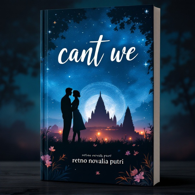 A serene evening scene in Yogyakarta, the cover features a romantic silhouette of Alisya and Vincent in mid-conversation, standing in front of an art gallery. The background captures the iconic Prambanan Temple and traditional Indonesian batik patterns blended into the night sky, which is painted in shades of blue moon, symbolizing the merging of their worlds.