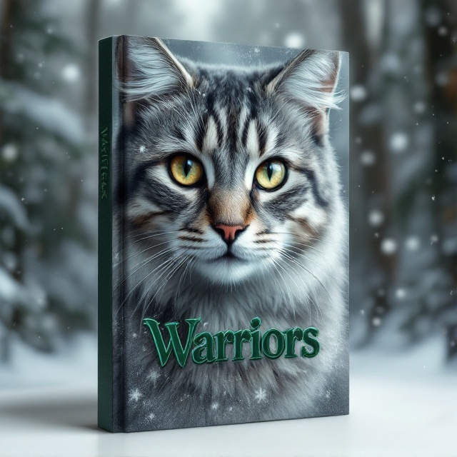 The cover features a close-up of a grayish-brown cat's face, partially veiled by a soft overlay of snowflakes, suggesting a cold winter atmosphere. The cat's piercing, confident eyes dominate the top half of the cover, drawing in the gaze and evoking a sense of bravery. In the background, a mystical pine forest fades into the distance under a canopy of softly falling snow. The color palette is predominantly gray, white, green, and brown, seamlessly blending to create a balance of wintry chill and earthen resilience.