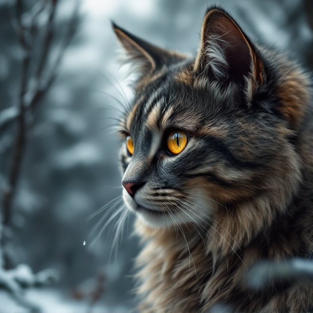 A close-up of a gray and brown cat with amber eyes dominates the cover. The cat's face is positioned slightly to the right, allowing the background to feature a winter pine forest under a cloudy sky. Bare branches and a dusting of snow are visible. The somber, muted colors evoke a feeling of bravery and melancholy.