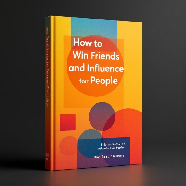 standing book mockup, Its title is "How to Win Friends and Influence People".  The cover features a vivid gradient background transitioning smoothly from a deep orange at the bottom to a bright yellow at the top. Across the center, abstract geometric shapes and color blocks are layered to create a sense of depth and movement, invoking the idea of change and personal growth. The central focus is a large, stylized silhouette of interconnected circles, suggesting social connections and influence. The book title is rendered in a modern, sans-serif typeface with clean lines and a bold presence. The font is subtly rounded to evoke a sense of approachability and warmth., The title is centered in the upper middle section of the cover, with the geometric shapes strategically positioned around it to draw attention to the text. The color blocks are placed in an asymmetrical pattern to maintain a dynamic balance across the design. The area where the author's name typically appears should be left completely blank, with no text or placeholder.