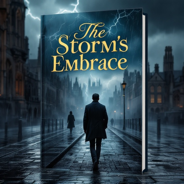A dramatic scene where a solitary man, with his back turned, walks down the cobblestone streets of Cambridge University, enveloped in a downpour. The stormy sky charges the atmosphere with tumultuous energy. Reflective puddles on the ground mirror the dark clouds, while bolts of lightning zigzag across the sky, casting elongated, moody shadows. Mist enshrouds the university's ancient, gothic buildings, contributing to the overall sense of mystery and enchantment.