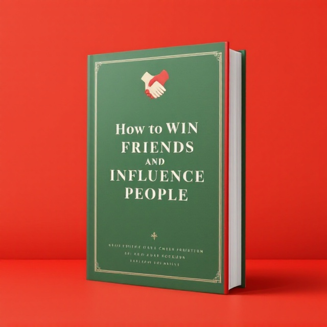 The cover features a dominant green background, symbolizing growth and tranquility, contrasting with a bold red border to emphasize focus and energy. In the center, the title "How to Win Friends and Influence People" is prominently displayed in uppercase letters, with a large, bold serif font for a sense of authority and trust. The beige accents are subtly integrated in the form of decorative lines separating the title and the border. Above the title is an abstract representation of intertwined hands, representing friendship and influence, styled in a minimalistic and smooth manner.