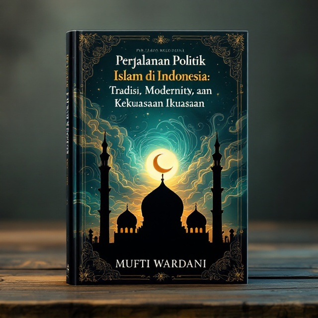 [The cover features a silhouette of a mosque with intricate patterns and calligraphy in the foreground. A background of swirling, mystical clouds conveys depth and layers, with hues of deep blue and gold. In the center, a crescent moon glows softly, symbolizing Islamic culture and spirituality. The author name, MUFTI WARDANI, is subtly placed at the bottom.].