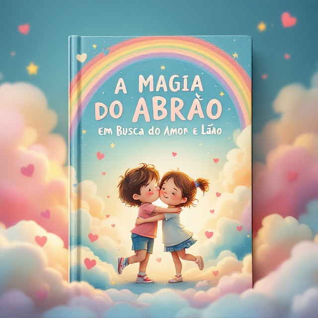 A whimsical and colorful illustration of two children embracing, surrounded by a magical swirl of hearts and stars. The background consists of a dreamy, pastel-colored sky with fluffy clouds, creating a sense of wonder and warmth. A rainbow gently arches over the scene, symbolizing connection and harmony.