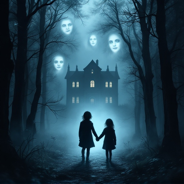 The cover features a shadowy, mist-laden forest backdrop with two faint silhouettes of children holding hands in the forefront. A mysterious, ethereal glow surrounds them, hinting at their magical powers. Hovering softly above them are faint, ghostly images of their parents' faces, reflecting the connection of magic. In the background, a dimly lit, ominous-looking school building stands, suggesting secrecy and danger.