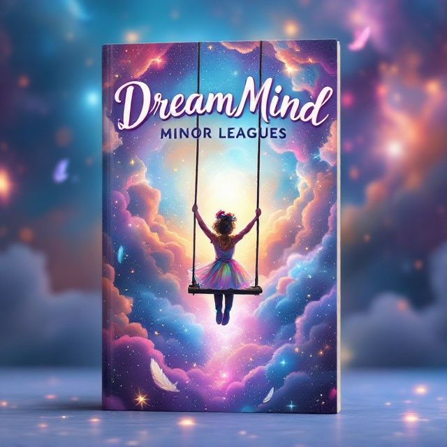 A whimsical, swirling kaleidoscope of colors fills the background, resembling a magical, dream-like sky. In the center, a child dressed in a fantastical, colorful costume is soaring upwards on a swing that seemingly extends into the galaxy. Various dreamy elements like floating feathers, shimmering stars, and wisps of clouds frame the child, enhancing the enchanting atmosphere of the scene.