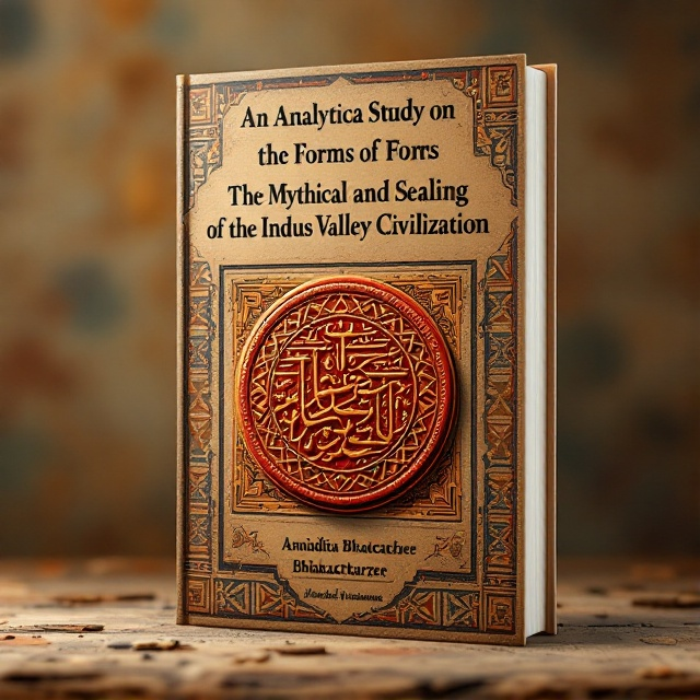 An artistic rendering of an Indus Valley seal at the center, surrounded by intricate patterns inspired by the iconic motifs found on ancient seals. The background features an earthy texture reminiscent of ancient clay tablets with hints of rich, warm earth tones to evoke an ancient and scholarly feel.
