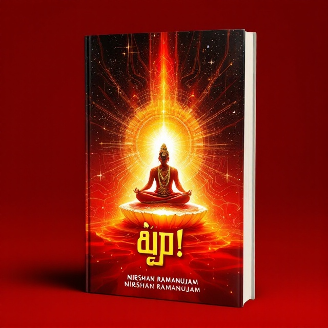 A vibrant depiction of Lord Ayyappan seated in a meditative pose, surrounded by ethereal light emanating in red and yellow hues. The background transitions from red at the bottom to a gradient blend of black at the top, symbolizing a spiritual ascent.