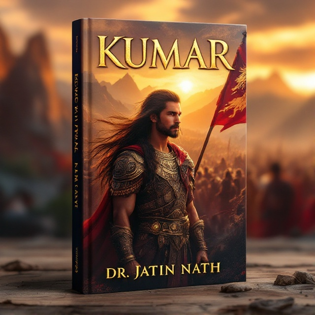 The cover features the young Indian king prominently centered, with long, flowing hair and intricate armor catching the sunrise’s golden glow. Behind him, the blurred silhouettes of his vast army stretch across the horizon, with a flag bearing a bold mythical creature symbolizing triumph. The background consists of radiant mountain peaks absorbing the warm hues of dawn, creating an epic backdrop filled with strength and grandeur.