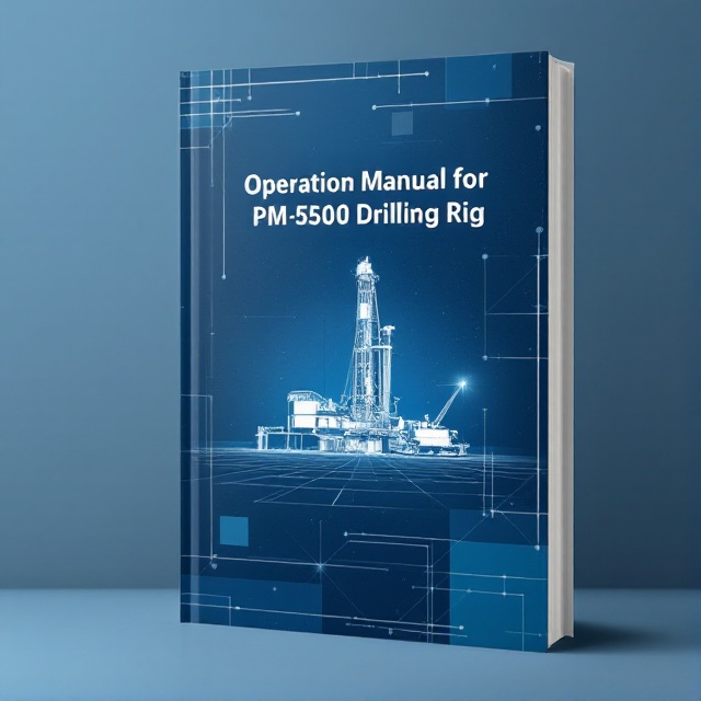 A detailed illustration of the PM-5500 Drilling Rig prominently centered on the cover, showcasing its key features. The background is a gradient of deep blue blending into lighter shades, evoking a sense of depth and stability. Subtle geometric patterns are overlaid, suggesting precision and technological sophistication.