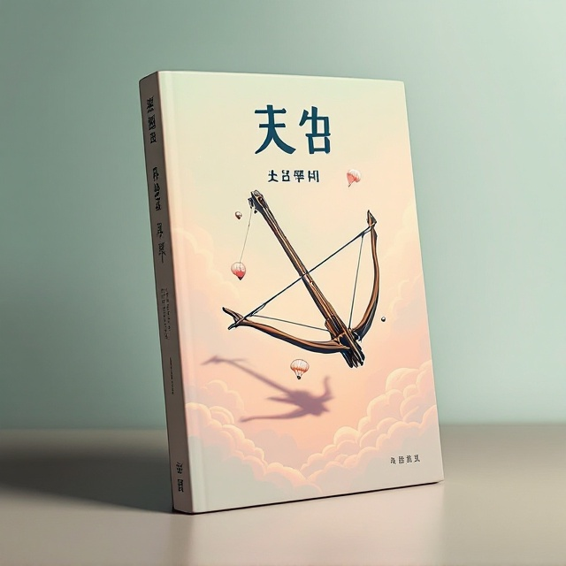A surreal illustration of a crossbow suspended in midair, tilted, with shadows casting an exaggerated, almost sinister shape on a pastel-colored background that hints at an open sky. The crossbow appears to be in motion, possibly falling, yet paradoxically hovers with a steady gaze. Add subtle, ironic elements like a tiny parachute attached to the crossbow, or clouds shaped like jovial faces in the background.