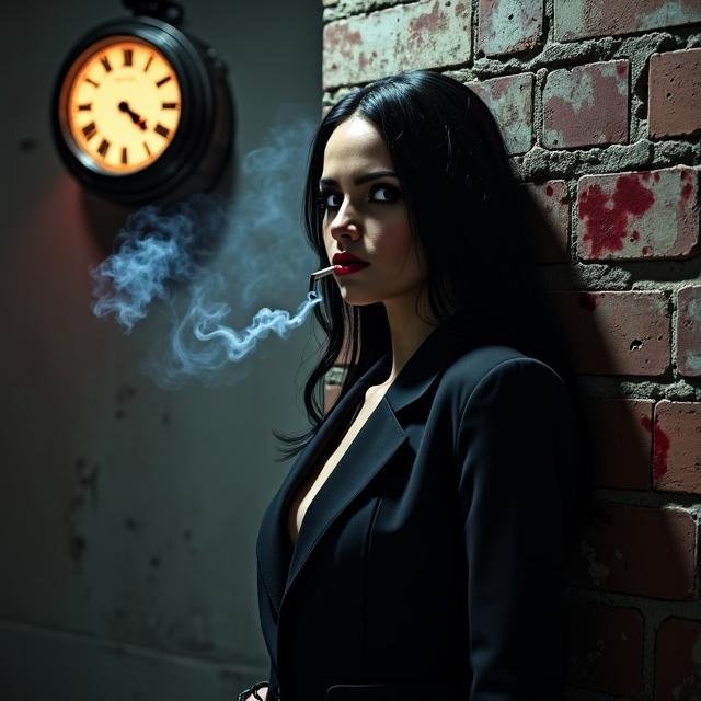 A mysterious scene is created with an antique, ornate clock that is prominently displayed in the top left corner, ticking ominously at a few minutes to midnight. In the foreground, a woman with long black hair, wearing a sharp black suit, leans nonchalantly against a dimly lit brick wall at the corner, an aura of danger surrounding her. A cigarette emits a curl of smoke, blending into the shadowy background and suggesting an air of suspense. A small, glinting gun can be seen partially concealed in her suit jacket, hinting at hidden threats. Subtle splatters of blood are artfully integrated into the wall behind her, enhancing the sense of crime and urgency.