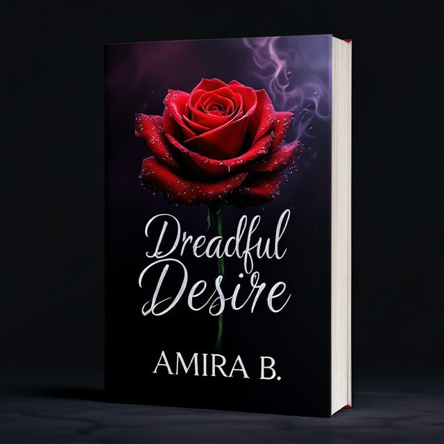A dark, shadowy background with hints of deep purple and black creates an air of mystery. In the center, there's a vivid, luscious red rose with drops of water on the petals, symbolizing forbidden passion. The rose appears to be emerging from the shadows, with subtle wisps of smoke or fog curling around it, adding an edge to the overall look.
